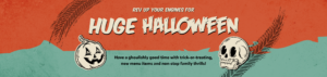 A Halloween-themed homepage banner featuring a skull and a pumpkin in orange and green colors, promoting an exciting Halloween event.